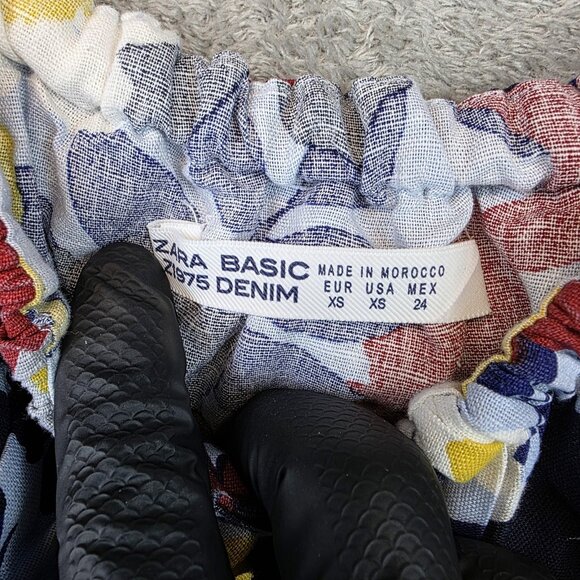 Zara Basic Dress Womens XS Multicolor Off Shoulder Ruffle Linen Summer Floral - Picture 3 of 9